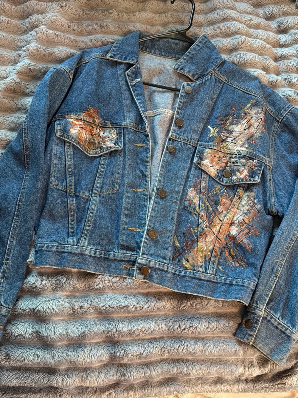 Paint-Splatter Blue Denim Cropped Jacket